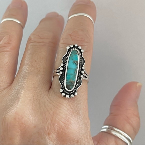 Sterling Silver Long Oval Genuine Turquoise Ring, Boho Ring, Silver Rings - Picture 8 of 12